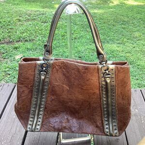 Junior Drake Studded Leather Tote Shoulder Bag Brown/Gold Y2K Large